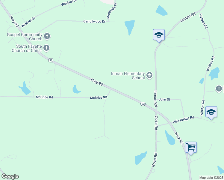 map of restaurants, bars, coffee shops, grocery stores, and more near McBride Road in Fayette County