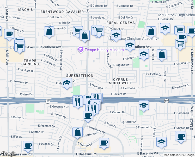 map of restaurants, bars, coffee shops, grocery stores, and more near 961 East La Jolla Drive in Tempe