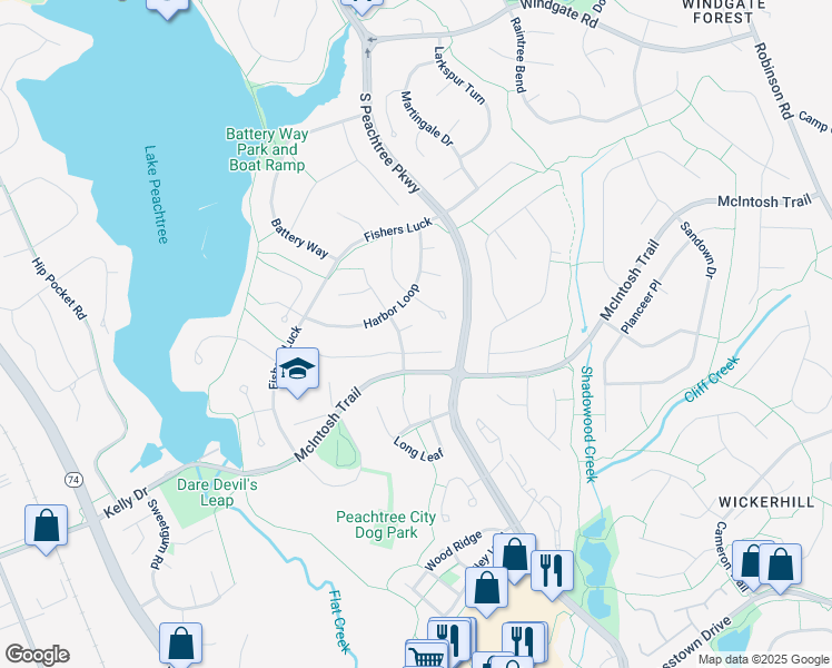 map of restaurants, bars, coffee shops, grocery stores, and more near 100 Skiff Trce in Peachtree City