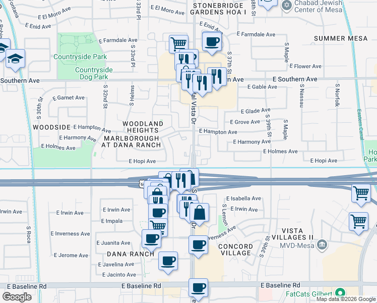 map of restaurants, bars, coffee shops, grocery stores, and more near 1440 South Val Vista Drive in Mesa