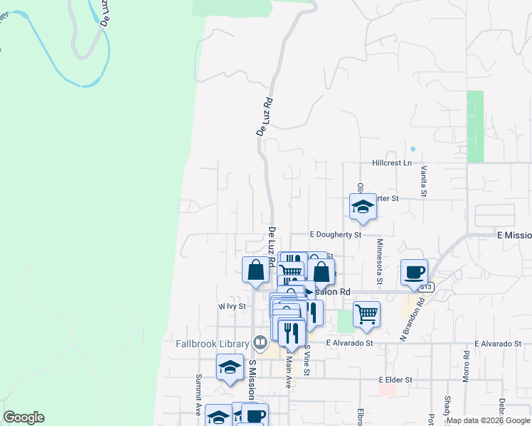 map of restaurants, bars, coffee shops, grocery stores, and more near 275 Royal Glen Drive in Fallbrook