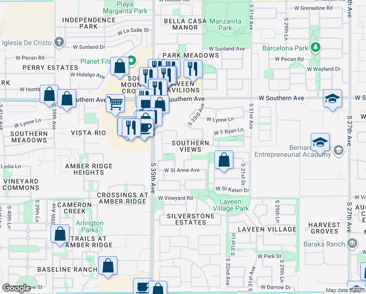 map of restaurants, bars, coffee shops, grocery stores, and more near 6314 South 33rd Lane in Phoenix