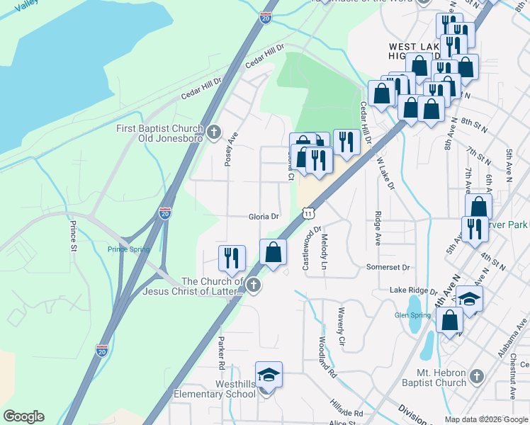 map of restaurants, bars, coffee shops, grocery stores, and more near 1005 Barclay Dr in Bessemer