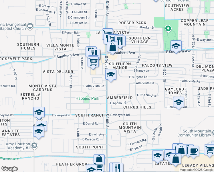 map of restaurants, bars, coffee shops, grocery stores, and more near South 16th Street & East Alta Vista Road in Phoenix