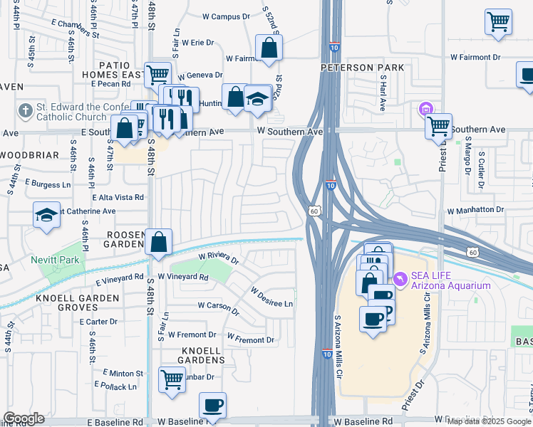 map of restaurants, bars, coffee shops, grocery stores, and more near Joshua Tree in Tempe