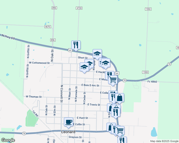 map of restaurants, bars, coffee shops, grocery stores, and more near 501 East Hackberry Street in Leonard