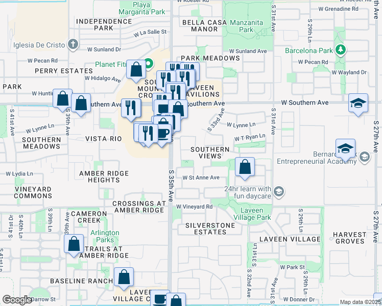 map of restaurants, bars, coffee shops, grocery stores, and more near 3426 West Leodra Lane in Phoenix