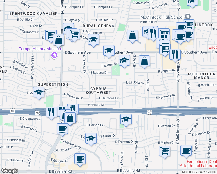 map of restaurants, bars, coffee shops, grocery stores, and more near 1249 East La Jolla Drive in Tempe