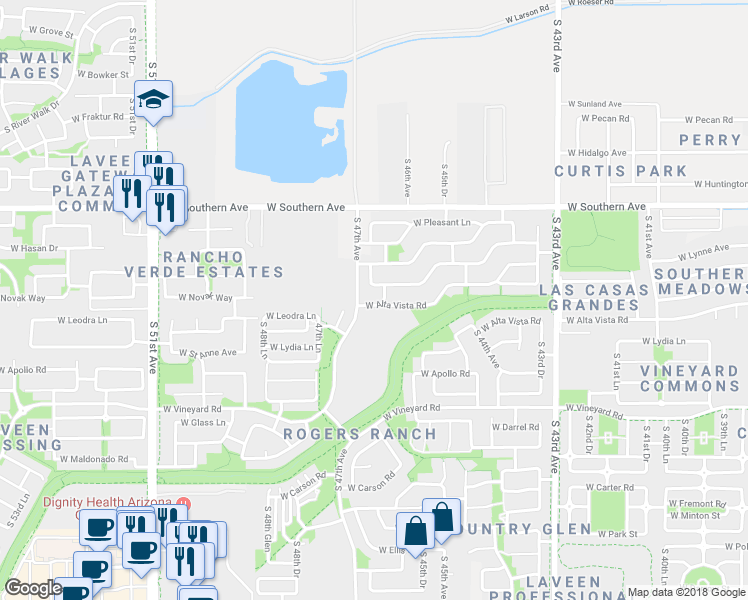 map of restaurants, bars, coffee shops, grocery stores, and more near 4634 West Alta Vista Road in Phoenix