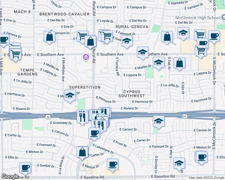 map of restaurants, bars, coffee shops, grocery stores, and more near 961 East La Jolla Drive in Tempe