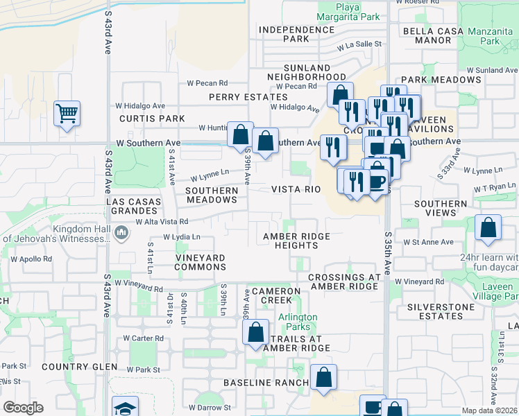 map of restaurants, bars, coffee shops, grocery stores, and more near 3840 West Alta Vista Road in Phoenix