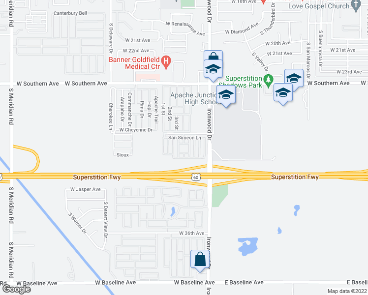 map of restaurants, bars, coffee shops, grocery stores, and more near 1797 W 28th Ave in Apache Junction
