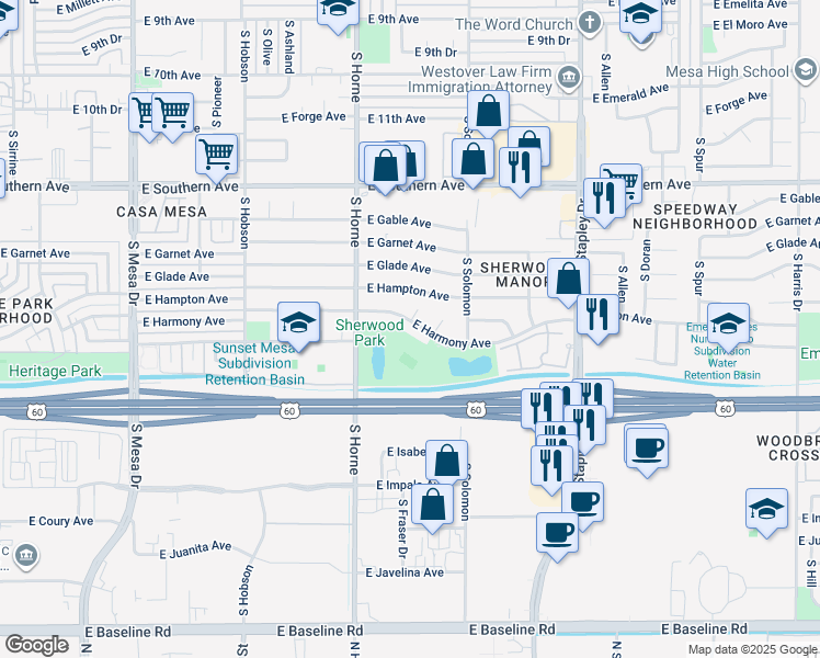 map of restaurants, bars, coffee shops, grocery stores, and more near 919 East Harmony Avenue in Mesa