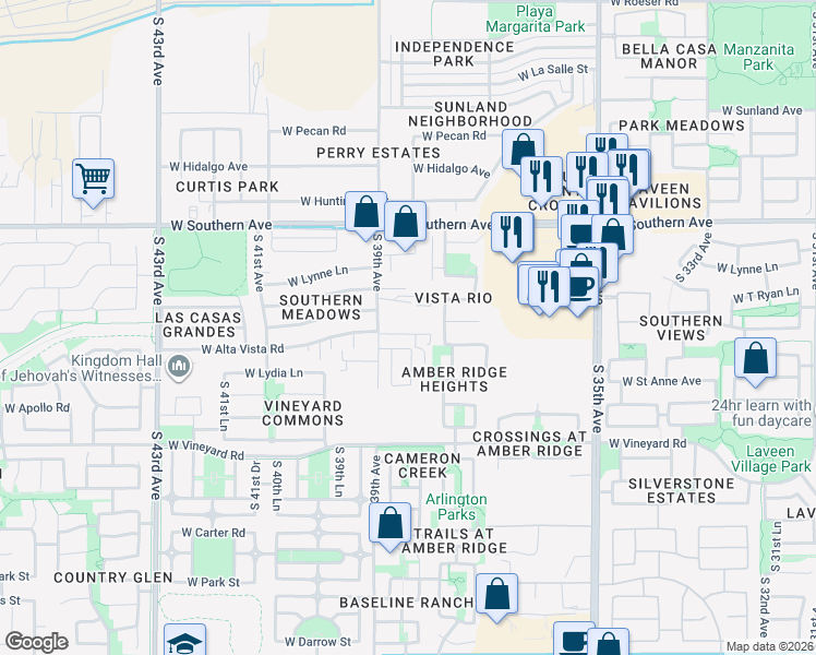 map of restaurants, bars, coffee shops, grocery stores, and more near 3840 West Alta Vista Road in Phoenix