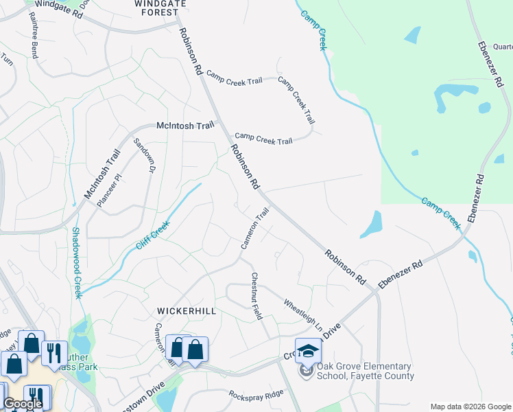 map of restaurants, bars, coffee shops, grocery stores, and more near 102 Waterford Court in Peachtree City