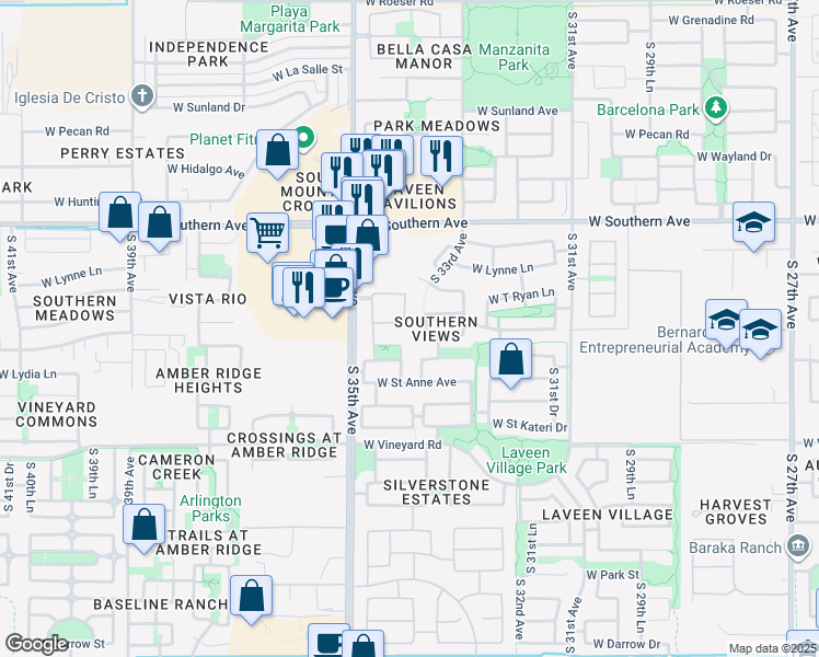 map of restaurants, bars, coffee shops, grocery stores, and more near 6314 South 33rd Lane in Phoenix