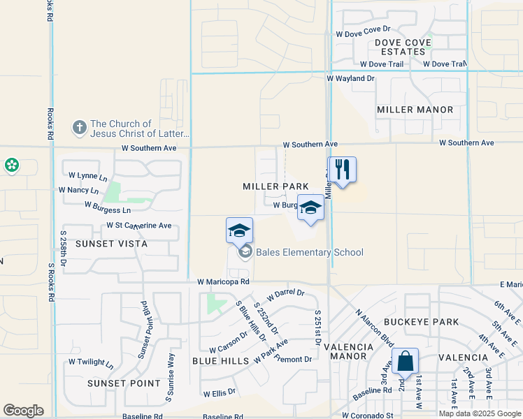map of restaurants, bars, coffee shops, grocery stores, and more near 25263 West Burgess Lane in Buckeye