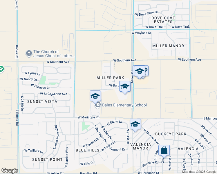 map of restaurants, bars, coffee shops, grocery stores, and more near 25263 West Burgess Lane in Buckeye