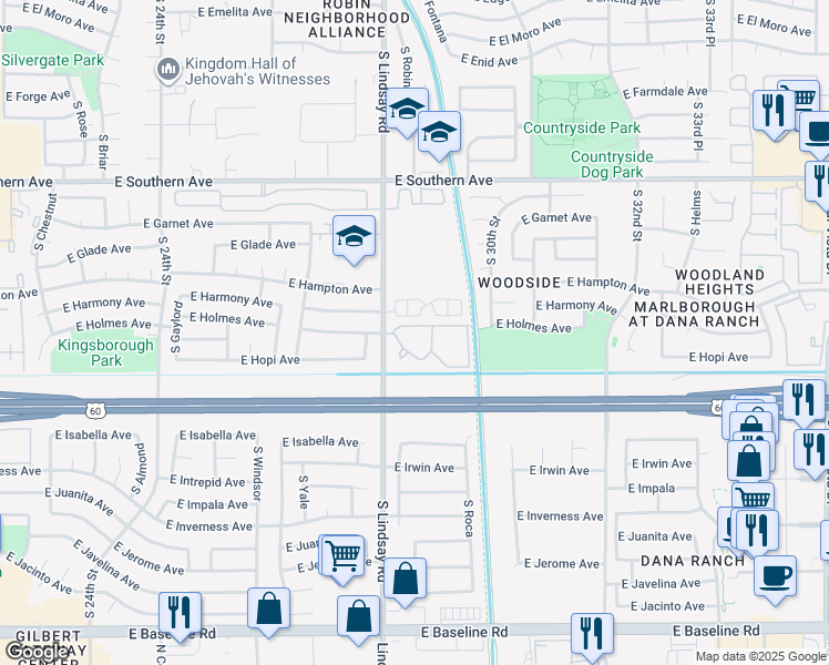 map of restaurants, bars, coffee shops, grocery stores, and more near 1441 South Lindsay Road in Mesa