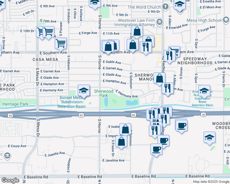 map of restaurants, bars, coffee shops, grocery stores, and more near 919 East Harmony Avenue in Mesa