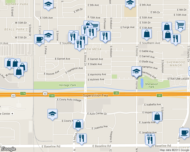 map of restaurants, bars, coffee shops, grocery stores, and more near 428 East Holmes Avenue in Mesa