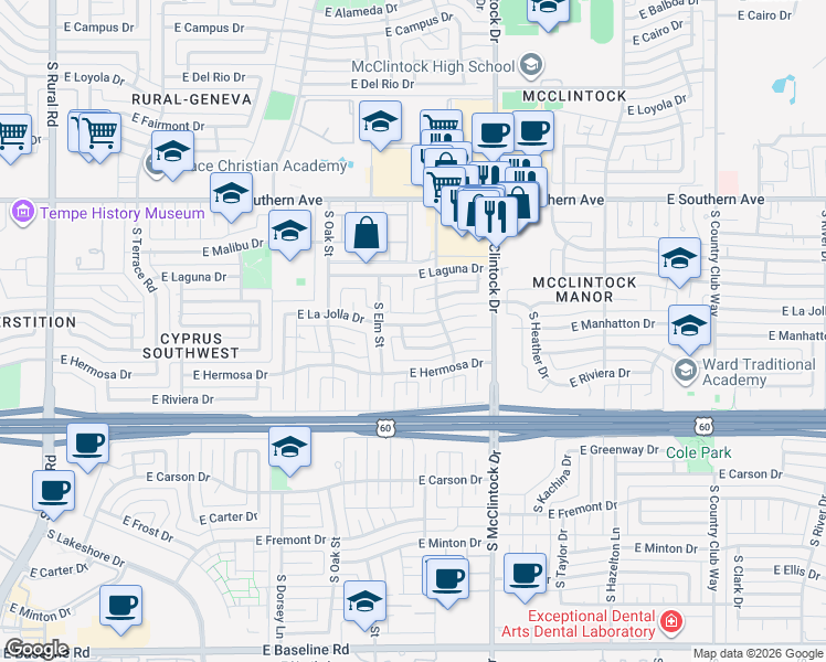 map of restaurants, bars, coffee shops, grocery stores, and more near 1638 East Manhatton Drive in Tempe