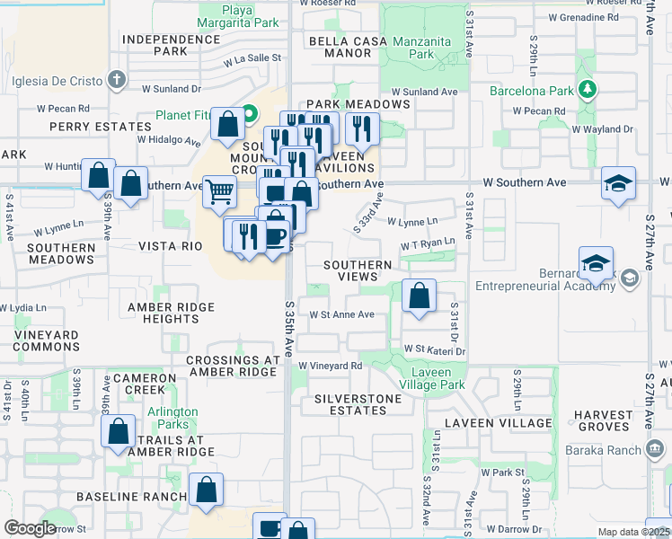 map of restaurants, bars, coffee shops, grocery stores, and more near 6314 South 33rd Lane in Phoenix