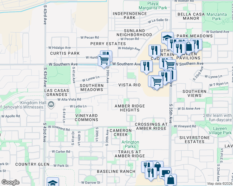 map of restaurants, bars, coffee shops, grocery stores, and more near 3840 West Alta Vista Road in Phoenix