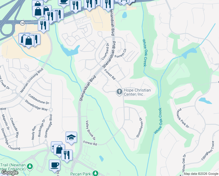 map of restaurants, bars, coffee shops, grocery stores, and more near 134 Greentree Drive in Newnan