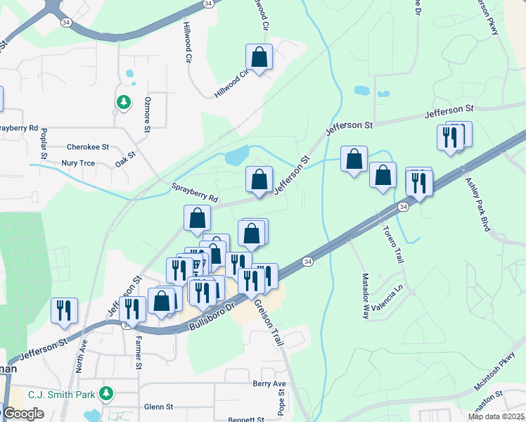 map of restaurants, bars, coffee shops, grocery stores, and more near 22A South Street in Newnan
