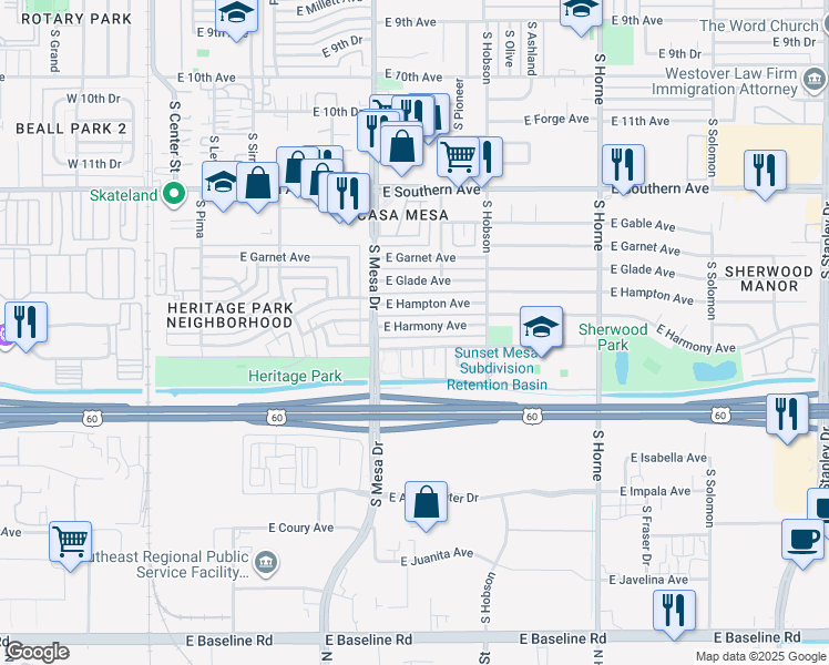 map of restaurants, bars, coffee shops, grocery stores, and more near 428 East Holmes Avenue in Mesa