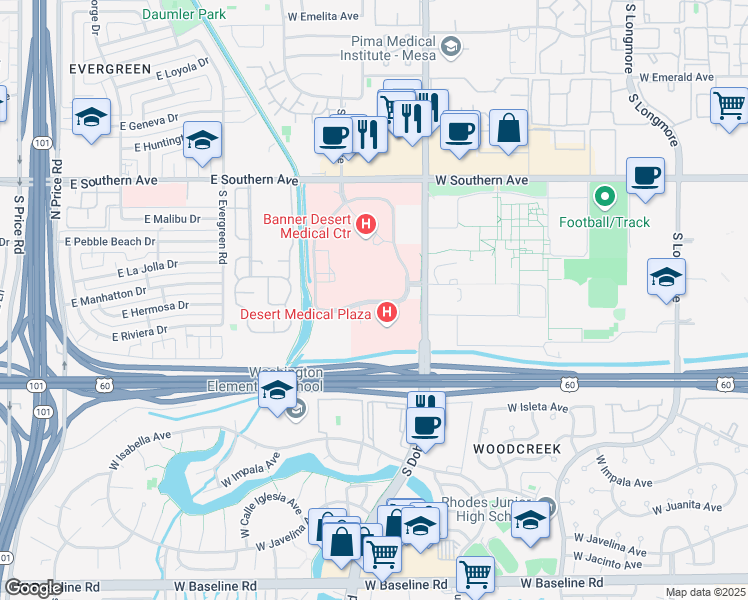 map of restaurants, bars, coffee shops, grocery stores, and more near 1432 South Dobson Road in Mesa