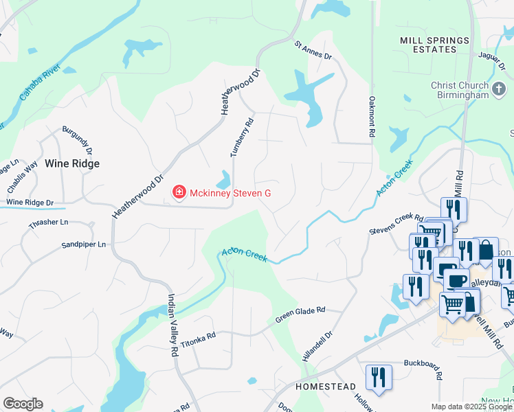 map of restaurants, bars, coffee shops, grocery stores, and more near 635 Bayhill Road in Birmingham