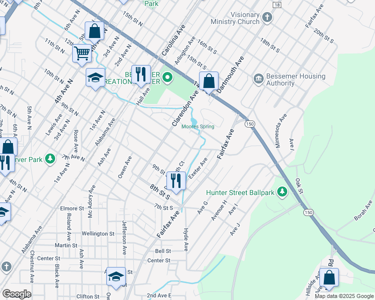 map of restaurants, bars, coffee shops, grocery stores, and more near 1006 Dartmouth Court in Bessemer