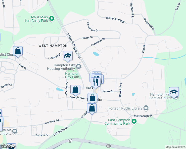 map of restaurants, bars, coffee shops, grocery stores, and more near 50 East Main Street South in Hampton