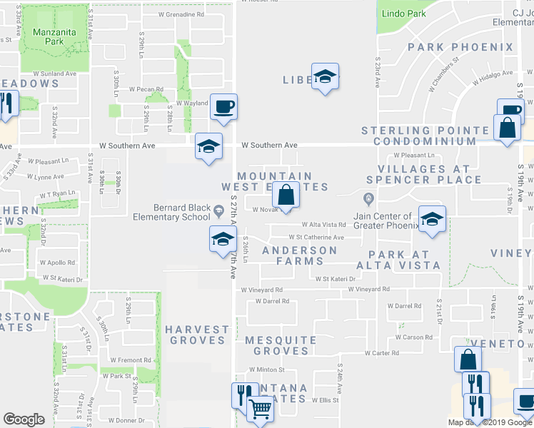 map of restaurants, bars, coffee shops, grocery stores, and more near 2553 West Novak Way in Phoenix