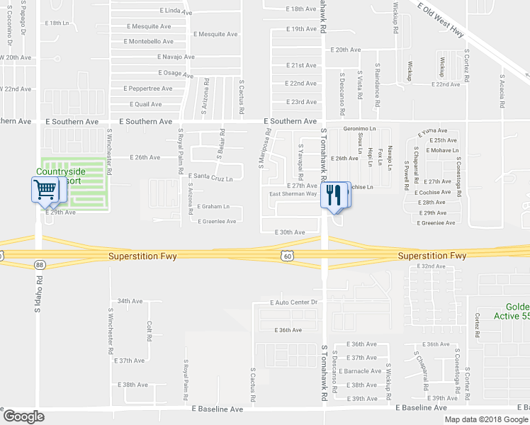 map of restaurants, bars, coffee shops, grocery stores, and more near 1260 East 29th Avenue in Apache Junction