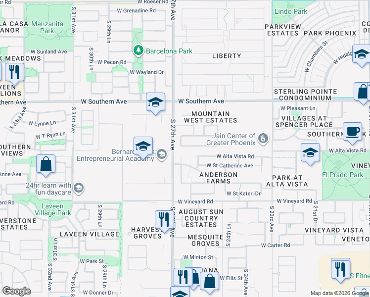 map of restaurants, bars, coffee shops, grocery stores, and more near 2619 West Novak Way in Phoenix