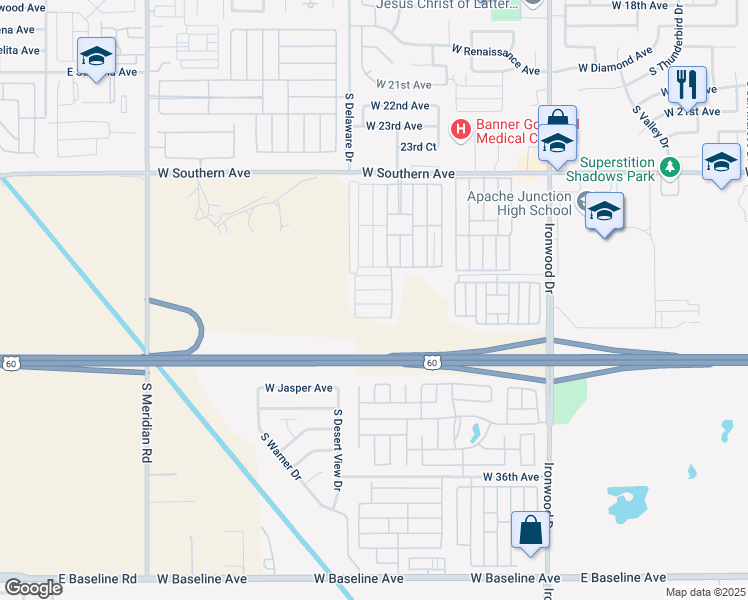 map of restaurants, bars, coffee shops, grocery stores, and more near 2175 West Southern Avenue in Apache Junction
