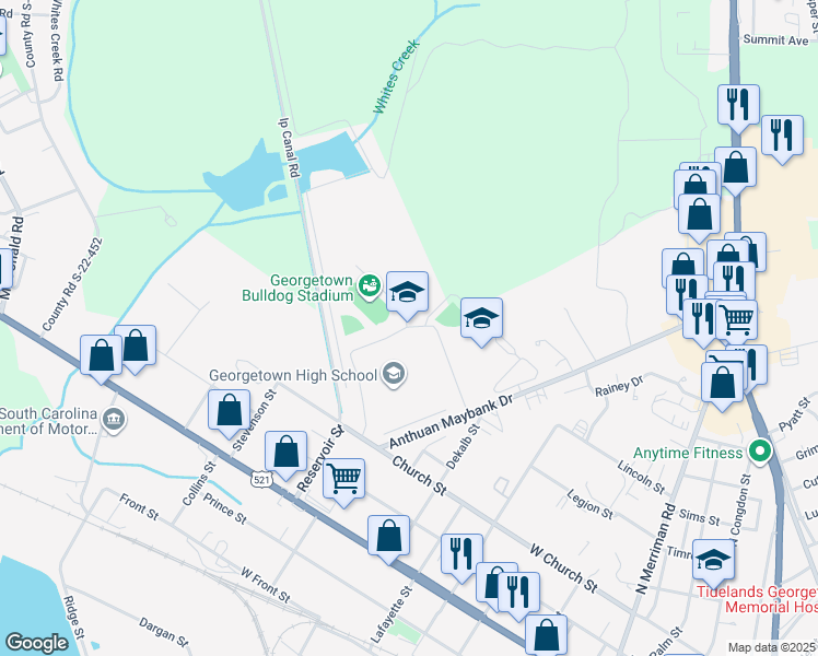 map of restaurants, bars, coffee shops, grocery stores, and more near 2500 Anthuan Maybank Drive in Georgetown