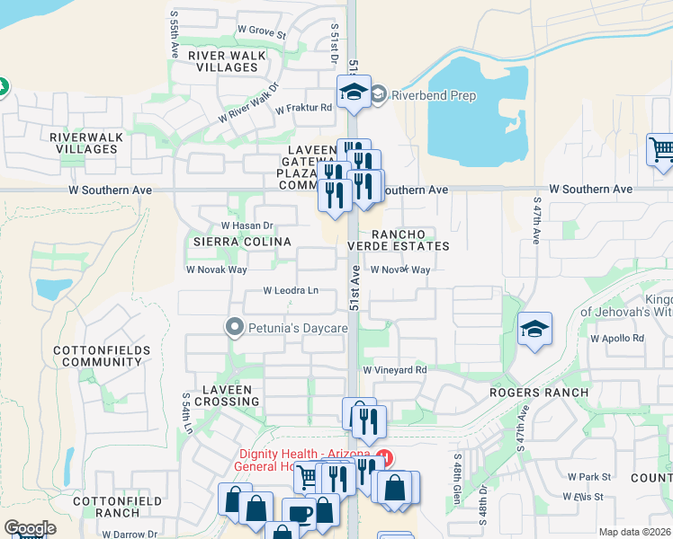 map of restaurants, bars, coffee shops, grocery stores, and more near 6431 South 51st Drive in Phoenix