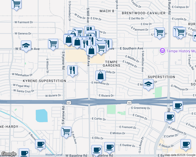 map of restaurants, bars, coffee shops, grocery stores, and more near 116 East Hermosa Drive in Tempe