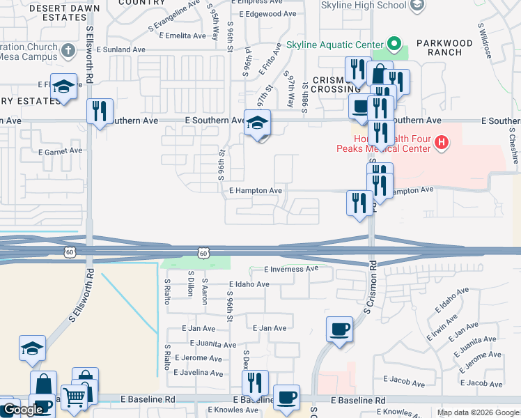 map of restaurants, bars, coffee shops, grocery stores, and more near E Hampton Ave in Mesa