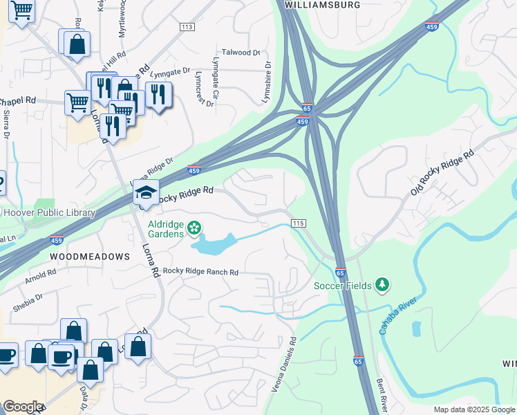 map of restaurants, bars, coffee shops, grocery stores, and more near 2172 Old Rocky Ridge Road in Birmingham