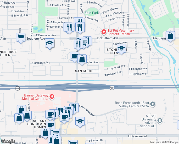 map of restaurants, bars, coffee shops, grocery stores, and more near 5317 East Hilton Avenue in Mesa