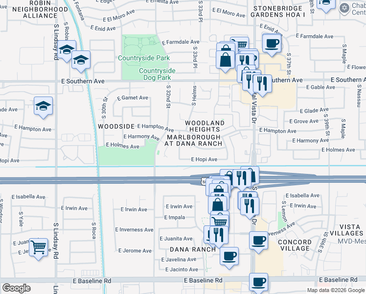 map of restaurants, bars, coffee shops, grocery stores, and more near 1450 South almar Circle in Mesa