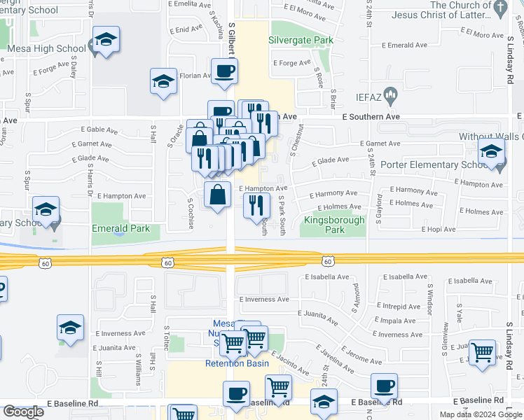 map of restaurants, bars, coffee shops, grocery stores, and more near 2055 East Hampton Avenue in Mesa