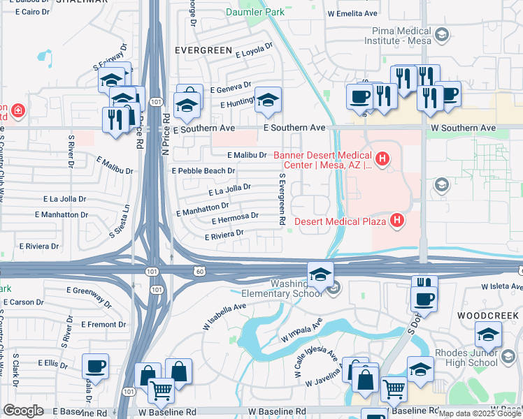 map of restaurants, bars, coffee shops, grocery stores, and more near 2459 East Hermosa Drive in Tempe