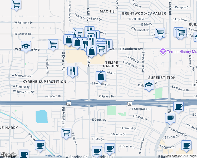 map of restaurants, bars, coffee shops, grocery stores, and more near 116 East Hermosa Drive in Tempe