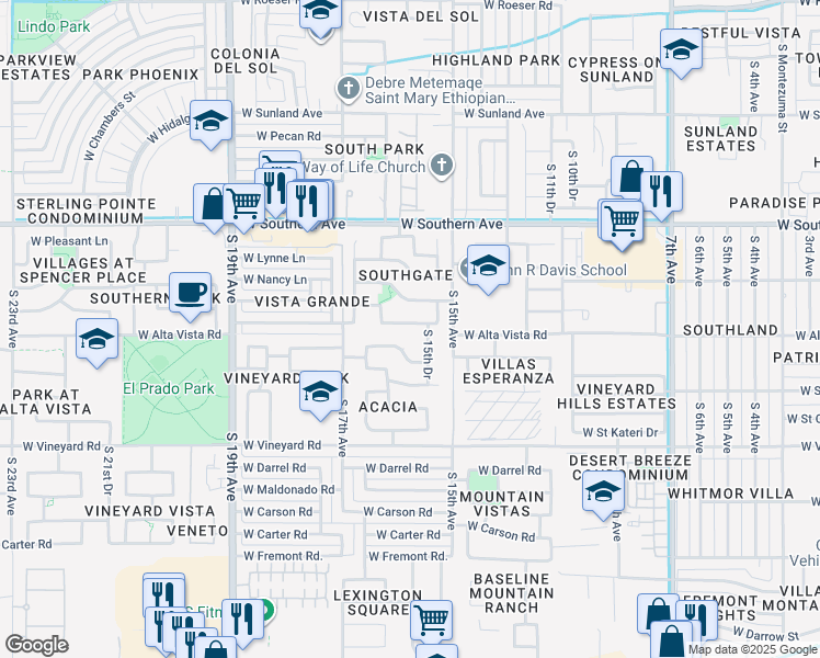 map of restaurants, bars, coffee shops, grocery stores, and more near 6506 South 15th Drive in Phoenix